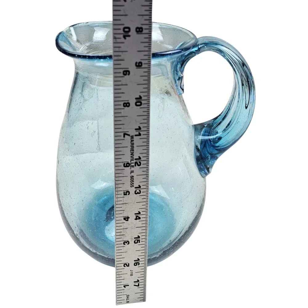 Handblown Seeded Blue Bubble Glass Pitcher Applied Handle Pinchd Spout Art Glass